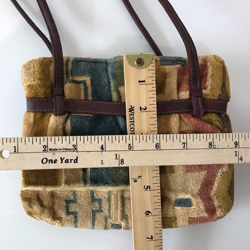 Vintage 70s Carpet Bag Purse Patchwork Southwestern Double Shoulder Strap Tan - Picture 14 of 15